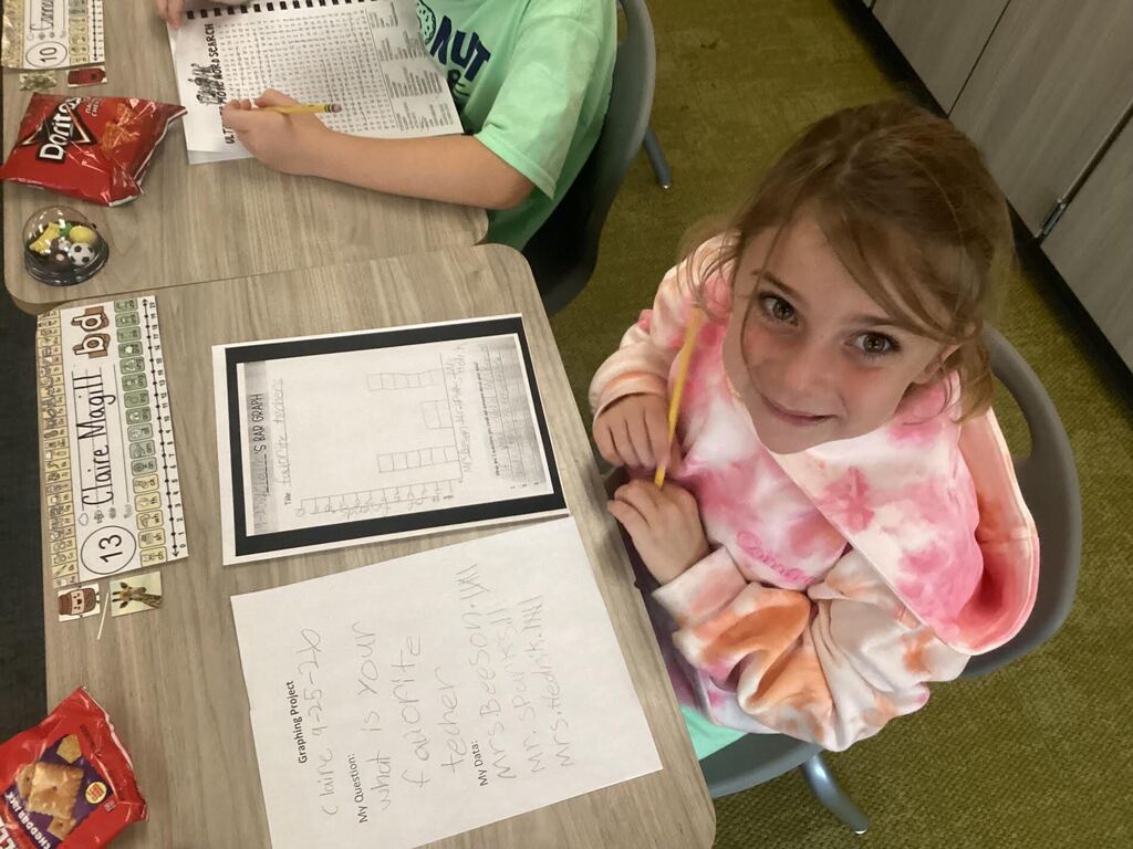 student working on a data sheet at their desk smiling at the camera