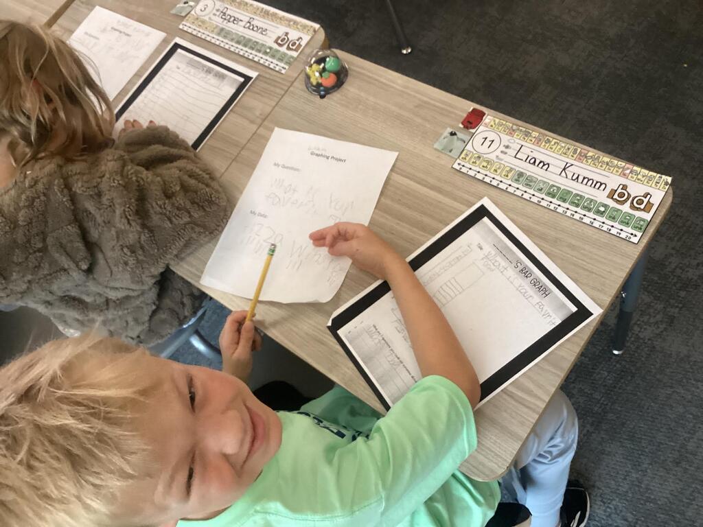 student working on a data sheet at their desk smiling at the camera