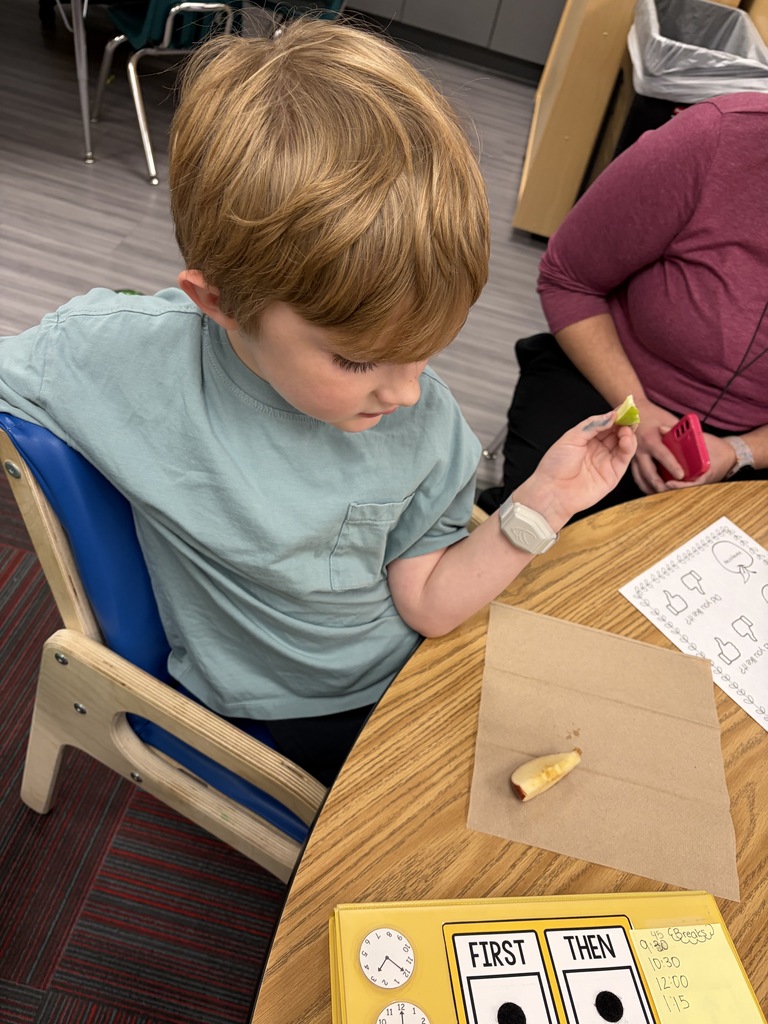 A young student looking at an apple slice while seated at a wooden desk with an "Apple Taste Test" sheet.