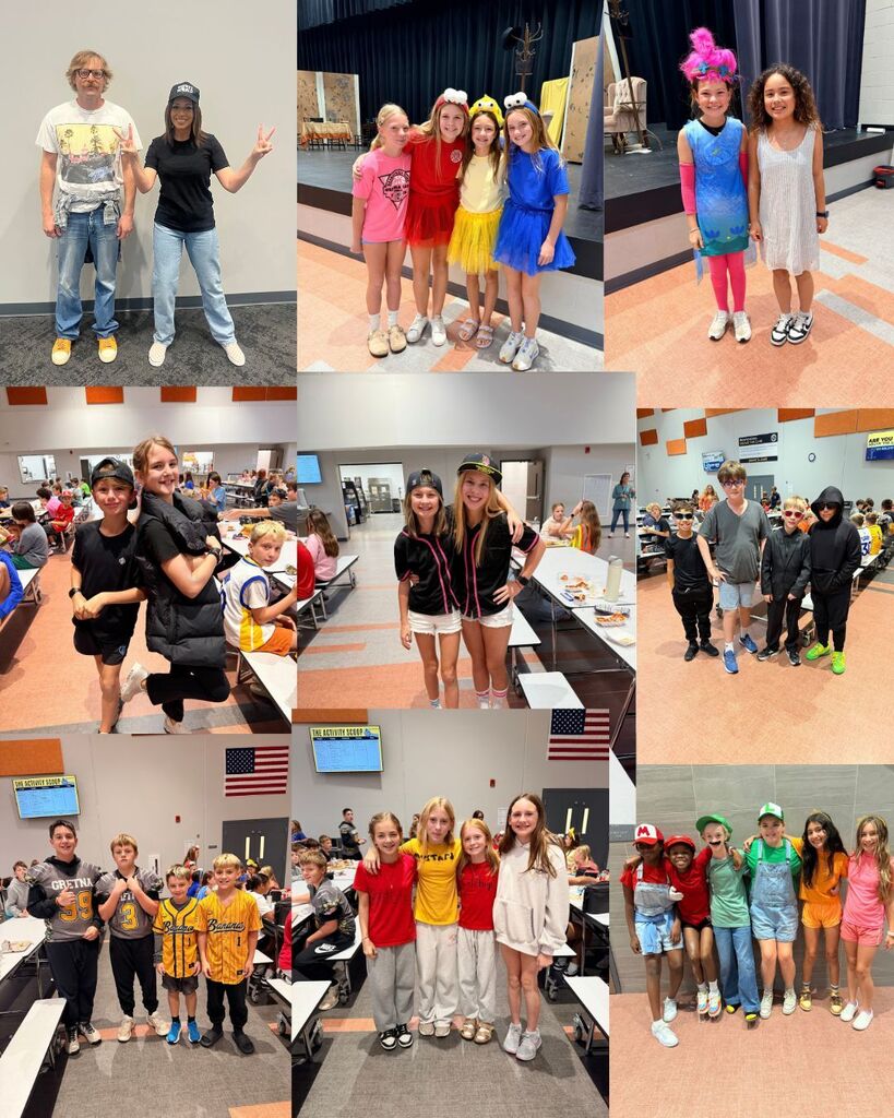 Collage of 9 photos showing groups and pairs of students in matching outfits. 