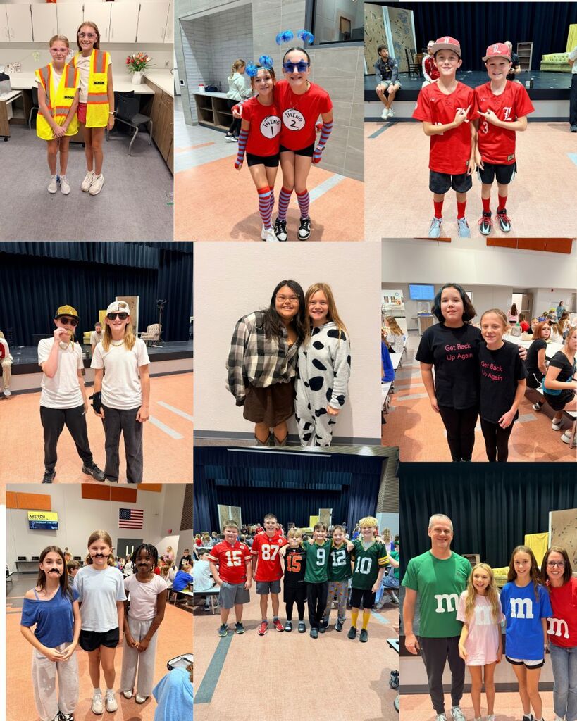 Collage of 9 photos showing groups and pairs of students in matching outfits. 