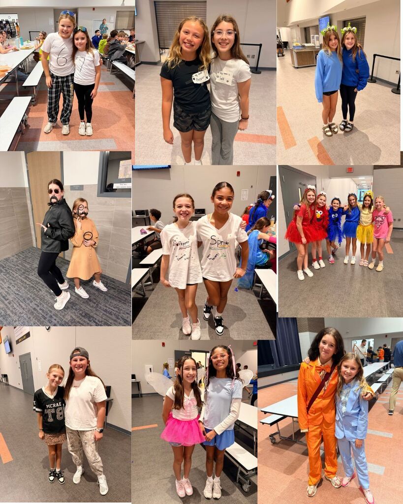 Collage of 9 photos showing groups and pairs of students in matching outfits. 