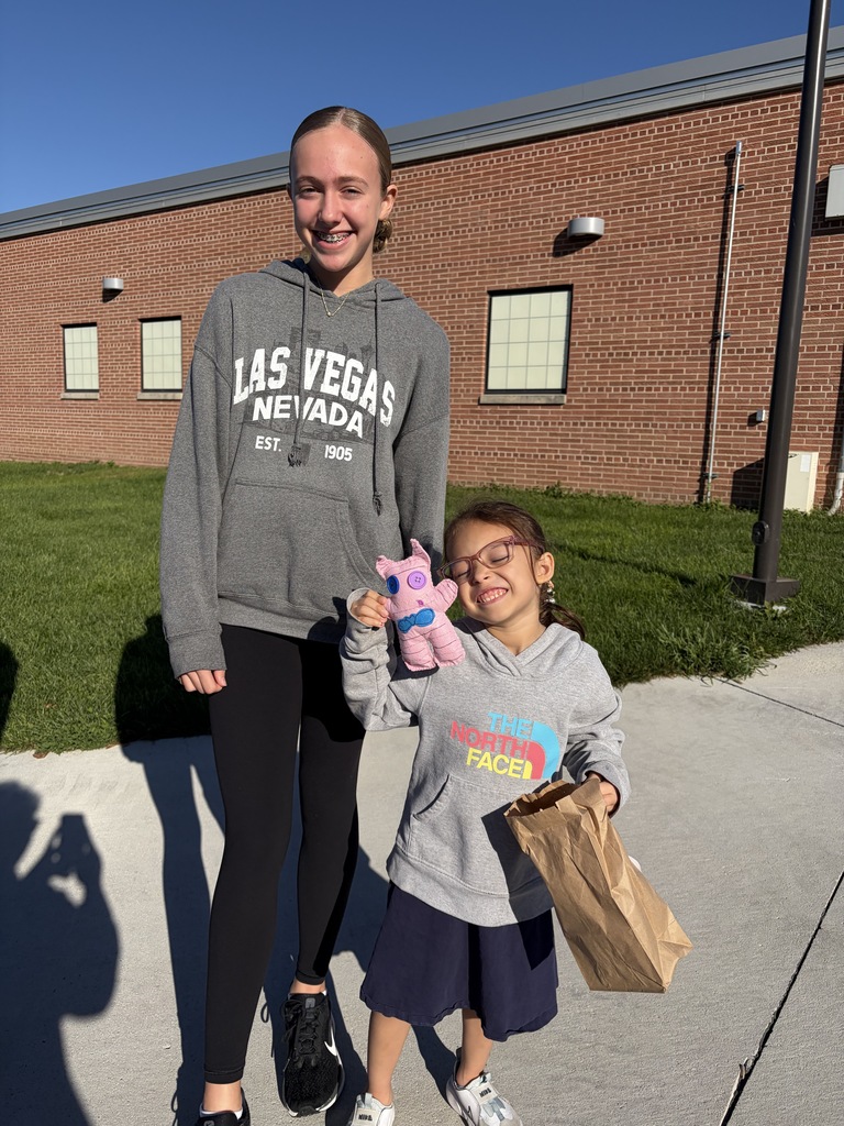 An older girl in a grey "Las Vegas Nevada" hoodie with a younger girl wearing glasses and a grey "The North Face" hoodie holding a pink felt toy.