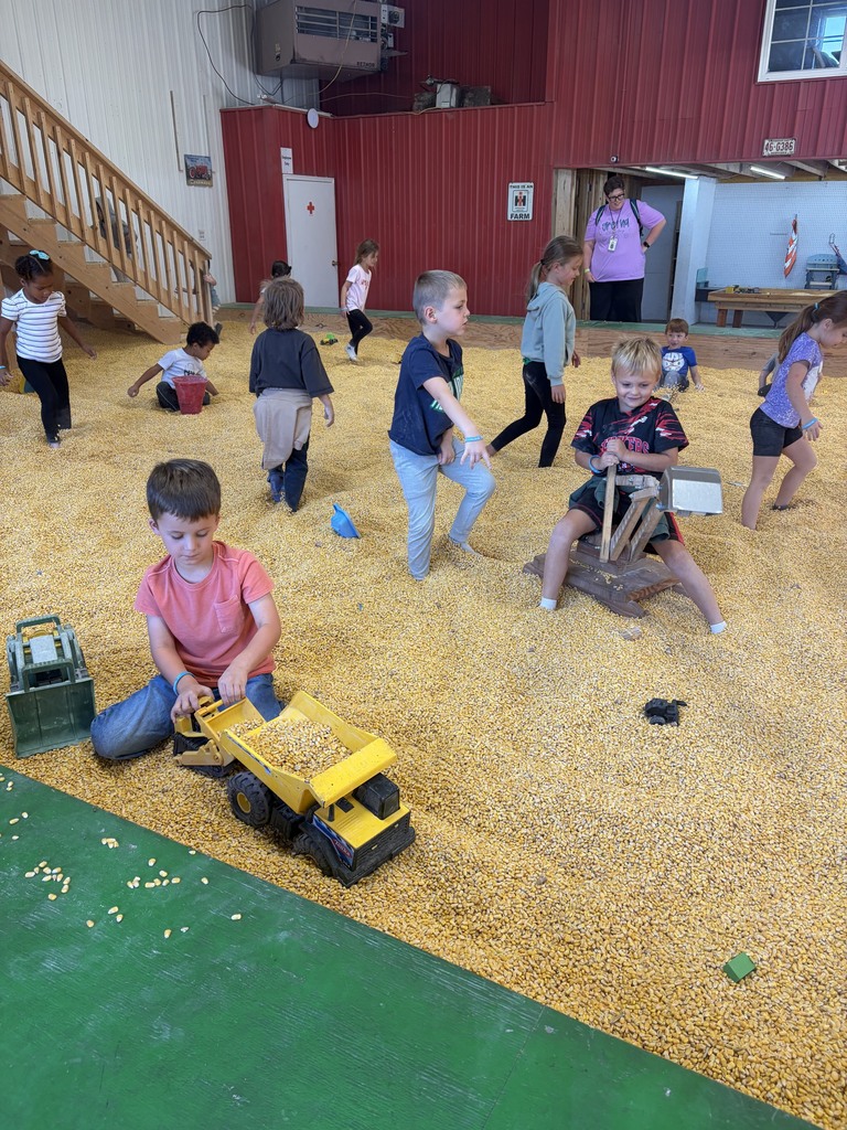 Children playing inside a large indoor corn pit, using toy dump trucks, diggers, and buckets to scoop corn kernels.