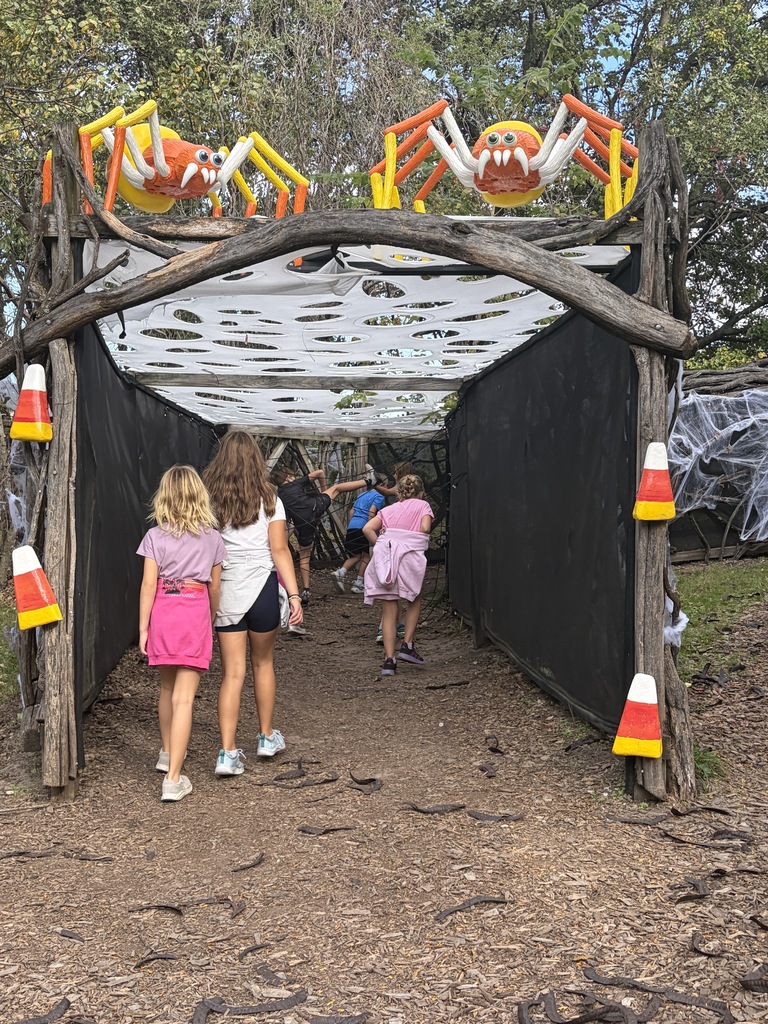 Young children walking through an outdoor entryway structure decorated with large decorative spiders, candy corn props, and faux cobwebs.