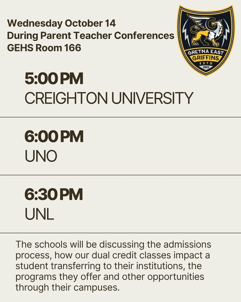 College Rep Chats 5:00 Creighton, 6:00 UNO, 6:30 UNL in the GEHS Library