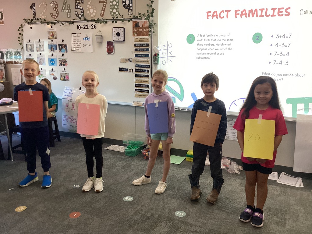 Students in Mrs. Collins' 2nd grade WIN group pose with numbers taped to their clothes for a fact family project in the classroom.