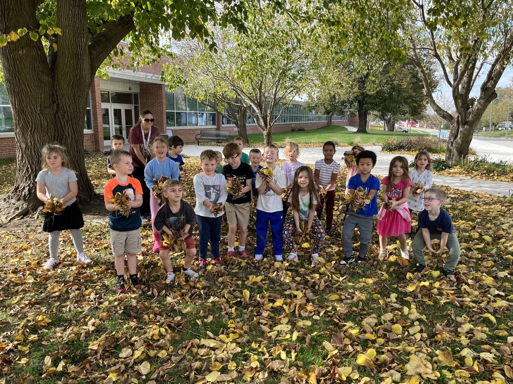 Group of young students posing under a tree with hands full of fallen autumn leaves, preparing to throw them into the air.