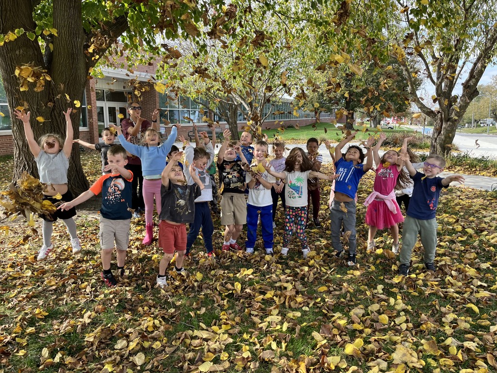 Elementary school class cheering and tossing armfuls of yellow autumn leaves into the air on a sunny day outdoors.