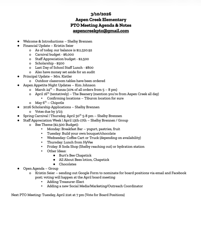 A copy of the minutes from our last PTO meeting in March.
