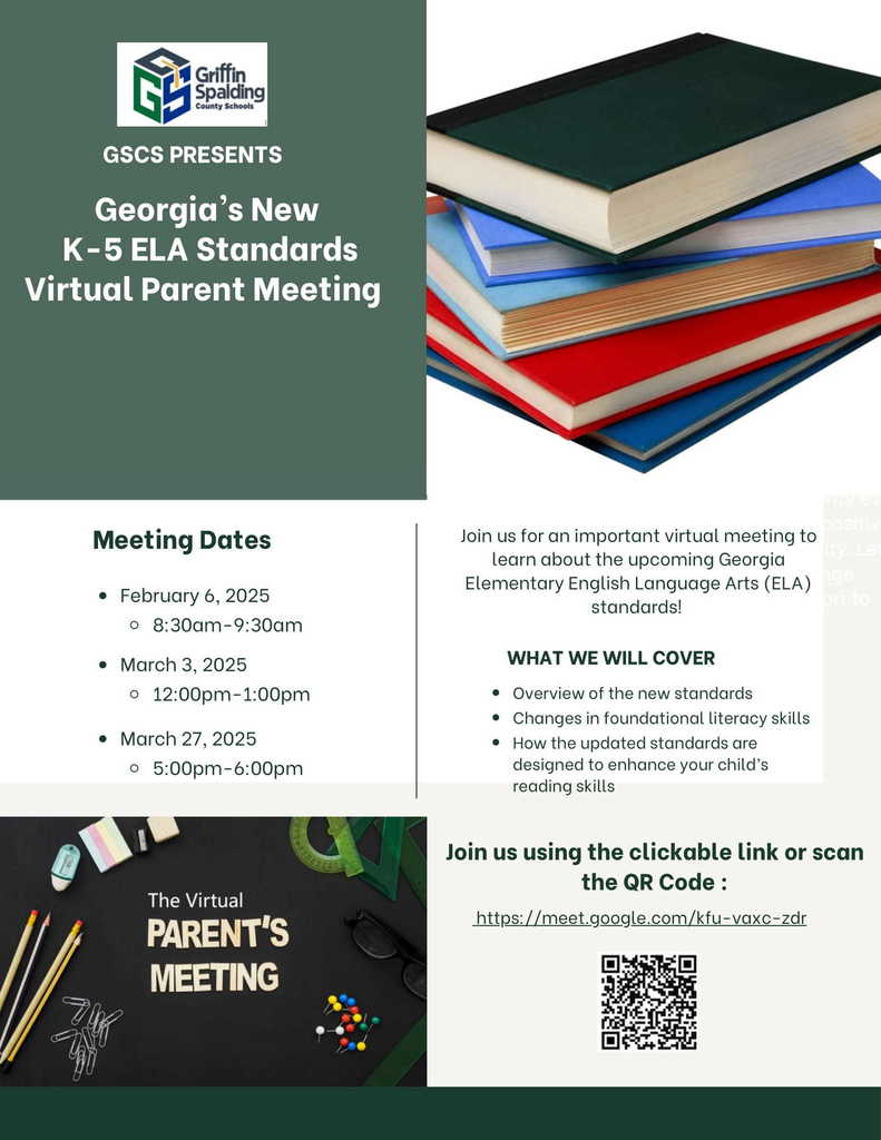 graphic about K-5 new ELA standards virtual parent meetings. next meetings; march 3 at 12-1pm; March 27 5-6pm
