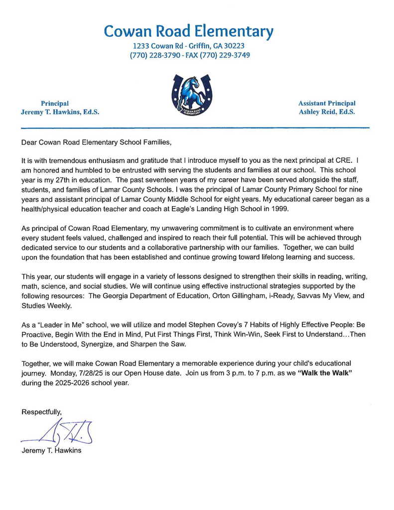 welcome letter from Principal Hawkins