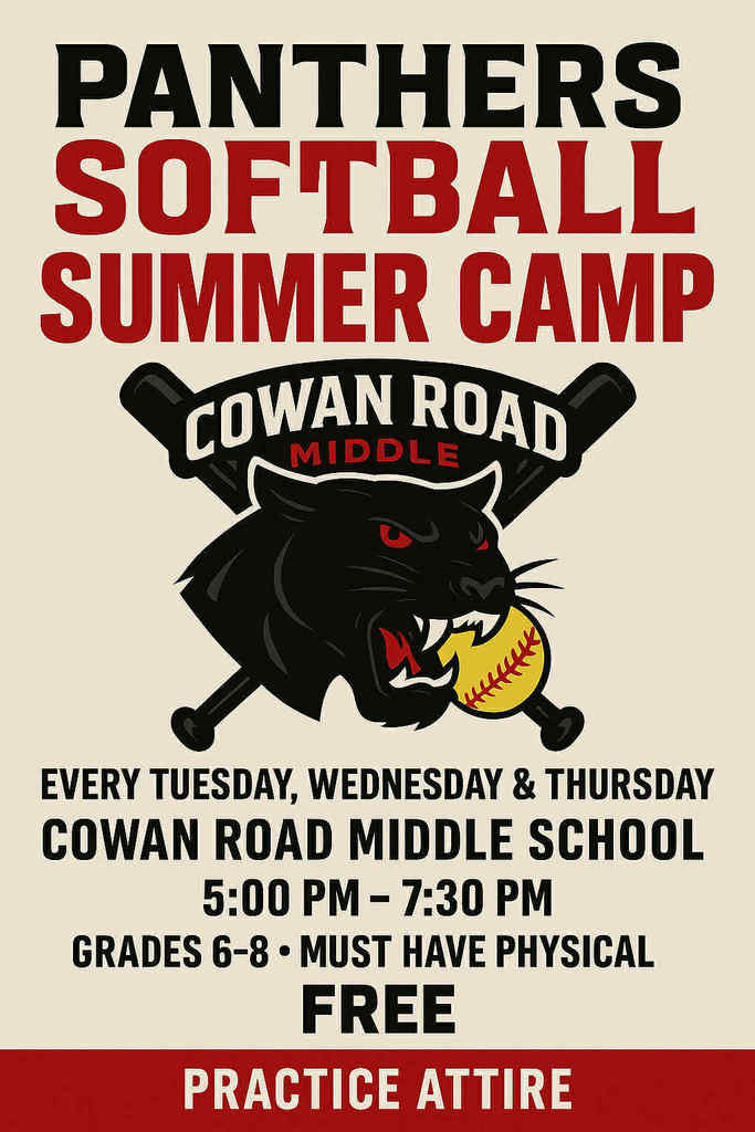 Join us for Summer Camp — happening every Tuesday, Wednesday, and Thursday at Cowan Road Middle School from 5:00 PM to 7:30 PM. 🗓️