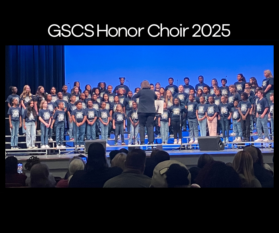 image reading "GSCS Honor Choir 2025" with on e large image of students singing, being led by conductor