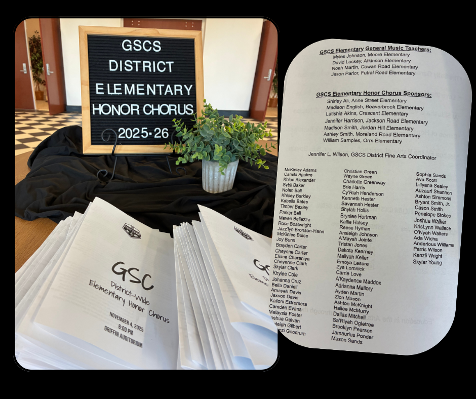 image showing GSCS District Elementary Honor Chorus 2025-26, programs in a stack with student names showing