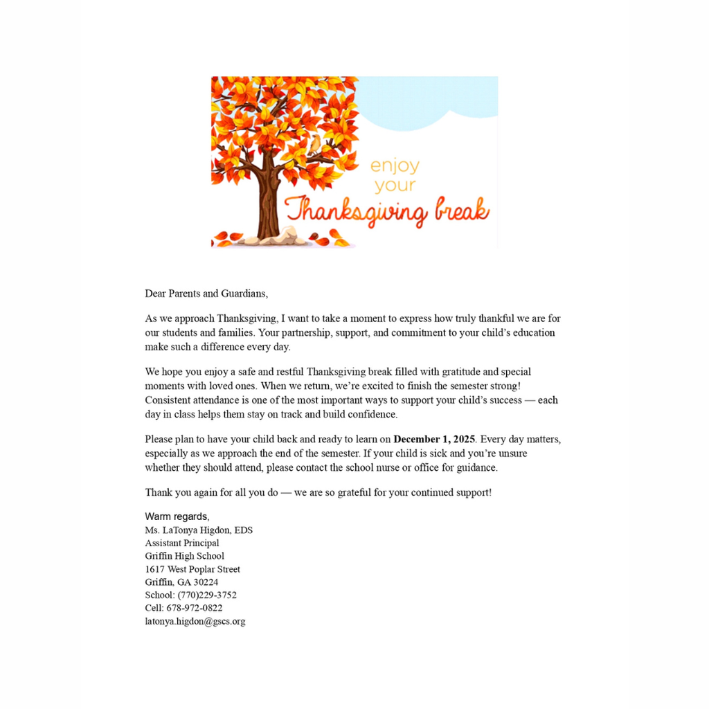 Thanksgiving Break Notification to Families