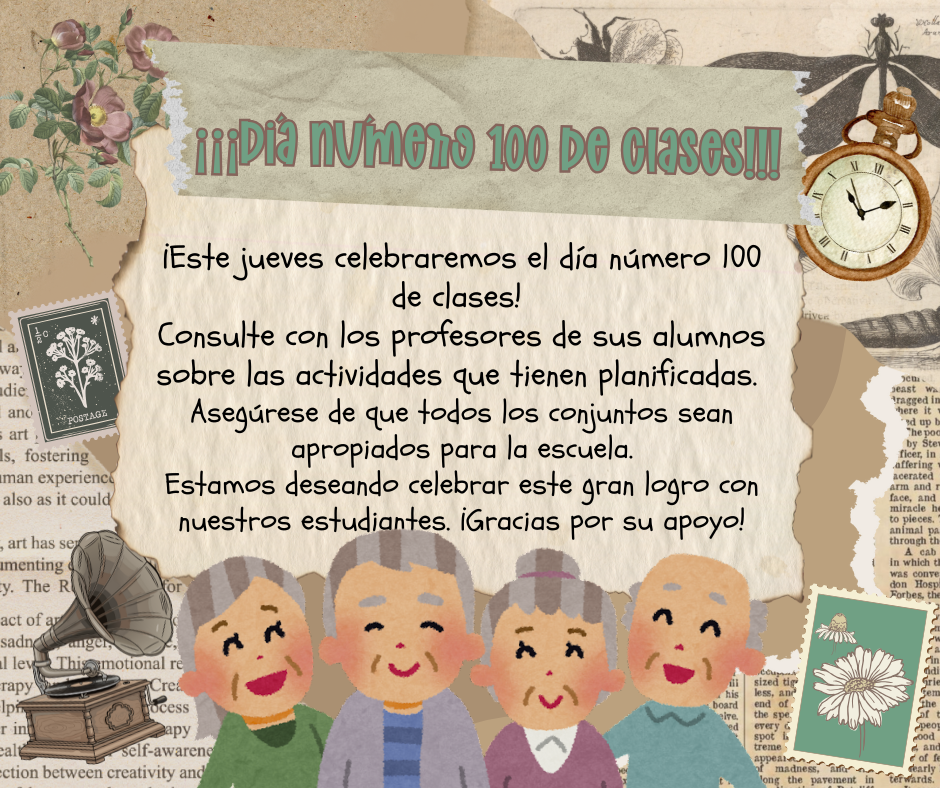 100th day of school pic with info from post, in Spanish