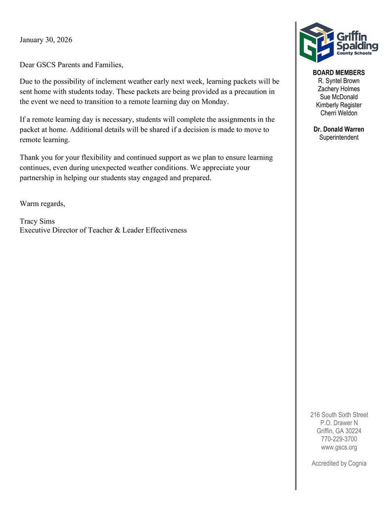 letter with info about potential remote learning day