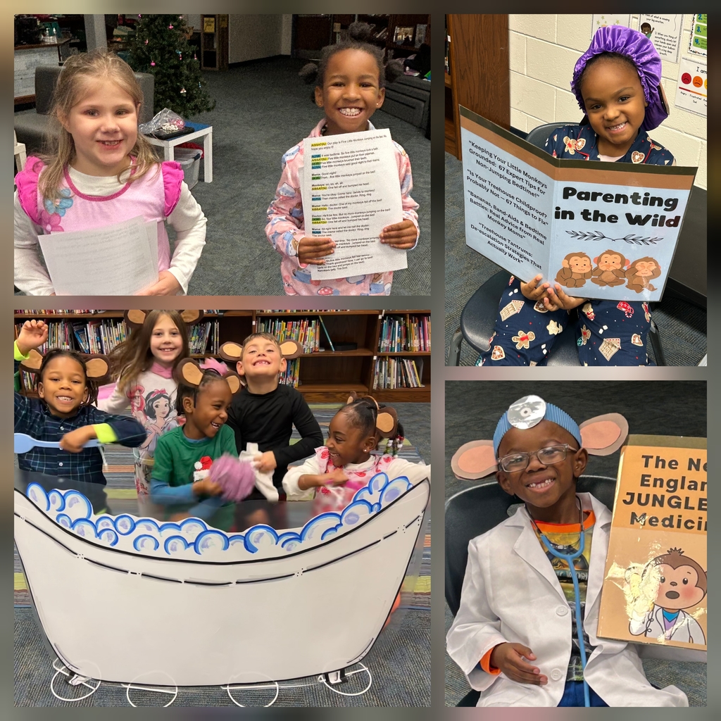 collage with 4 pics of students in costume performing play