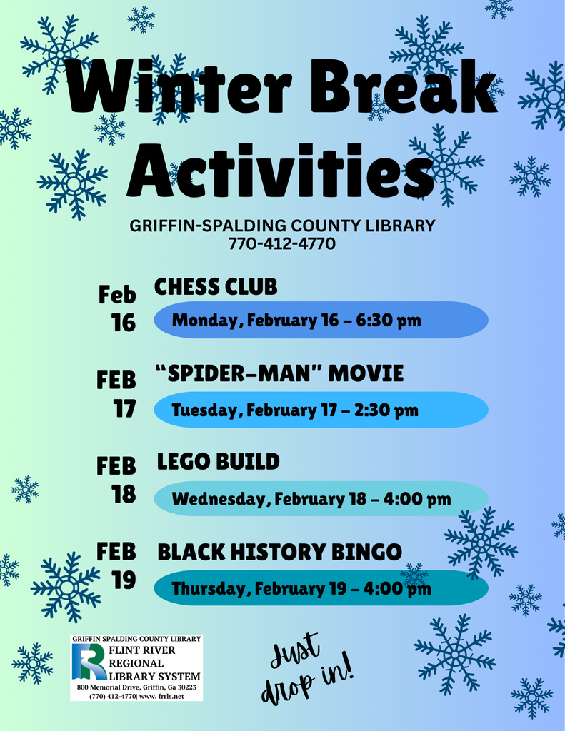Winter Break activities at the public library: Feb 16 - Chess Club, 6:30pm; Feb 17: Spiderman, movie, 2:30 pm; Feb 18: Lego Build, 4pm; Feb 19: Black History Bingo 4pm.