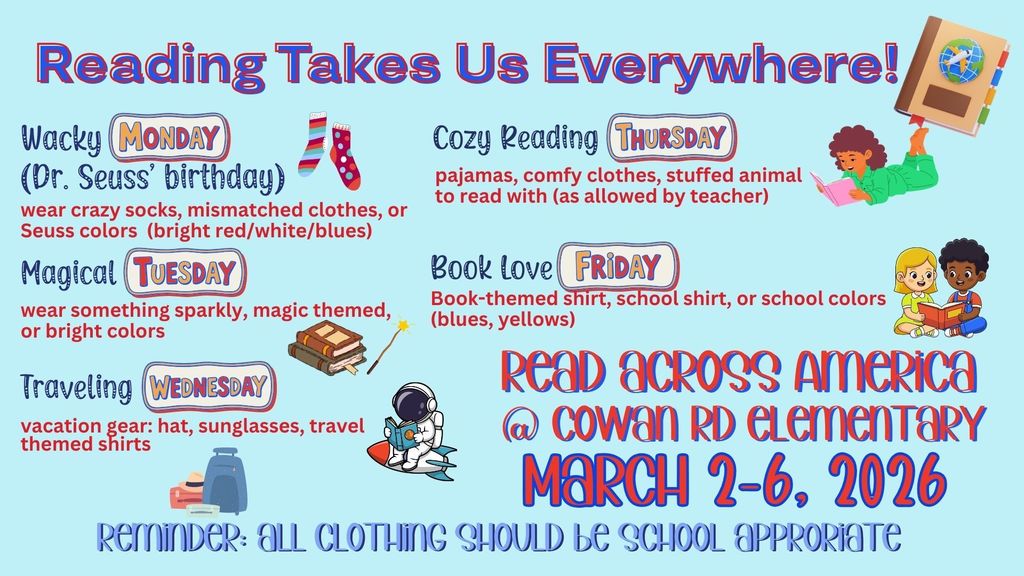 graphic for Read Across America week next week. Theme: Reading Takes us everywhere
