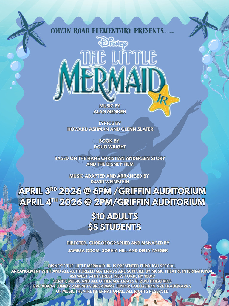 flyer for musical, The Little Mermaid, Jr. $10/adult, $5/students, Friday, April 3 at 6pm; Saturday, April 4, 2pm at Griffin Auditorium