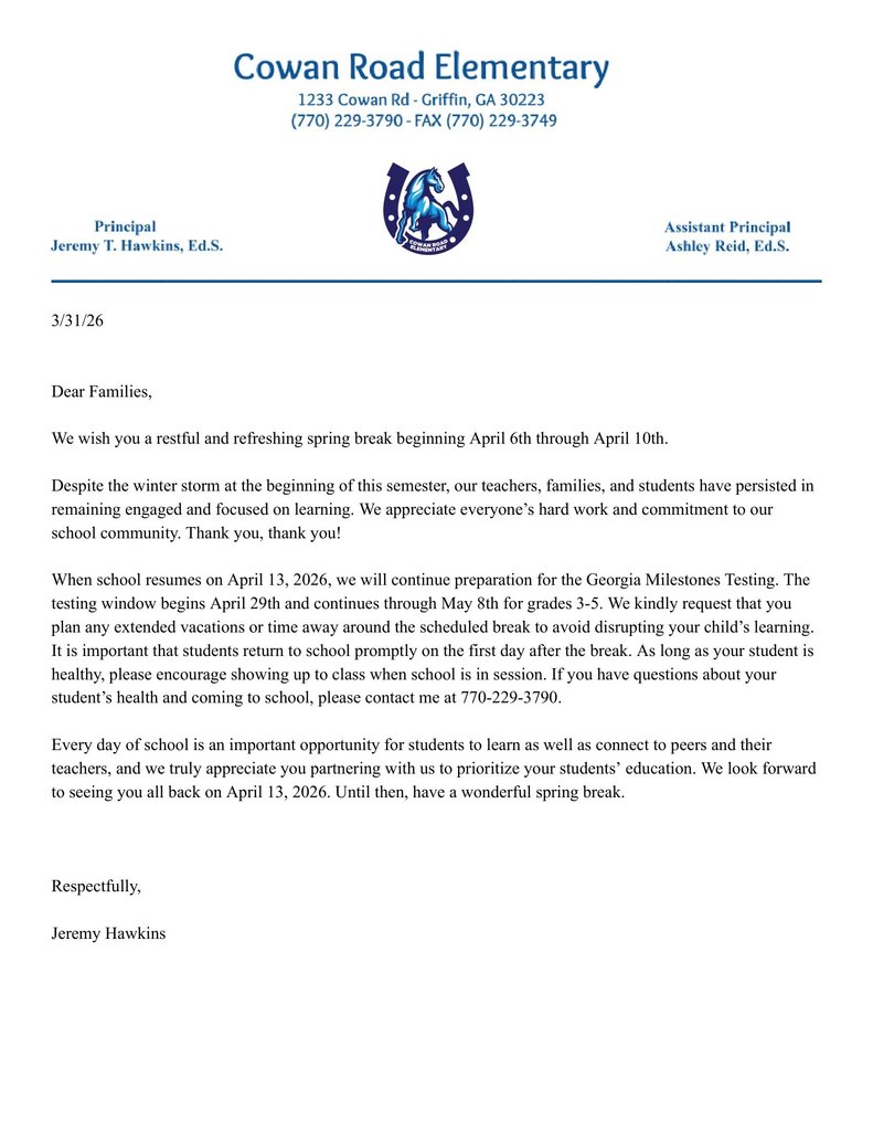 The attached letter includes important information for families regarding Spring Break and student attendance. If you need this information in an alternative format or require assistance, please contact our school office and we will be happy to help.