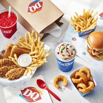 image of DQ branded foods: onion rings, blizzard, burger, chicken tenders