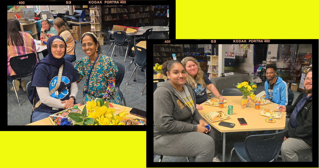 collage of pics from Teacher Appreciation with friends theme, Mexican lunch