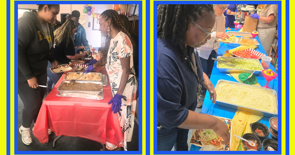 collage of pics from Teacher Appreciation with friends theme, Mexican lunch