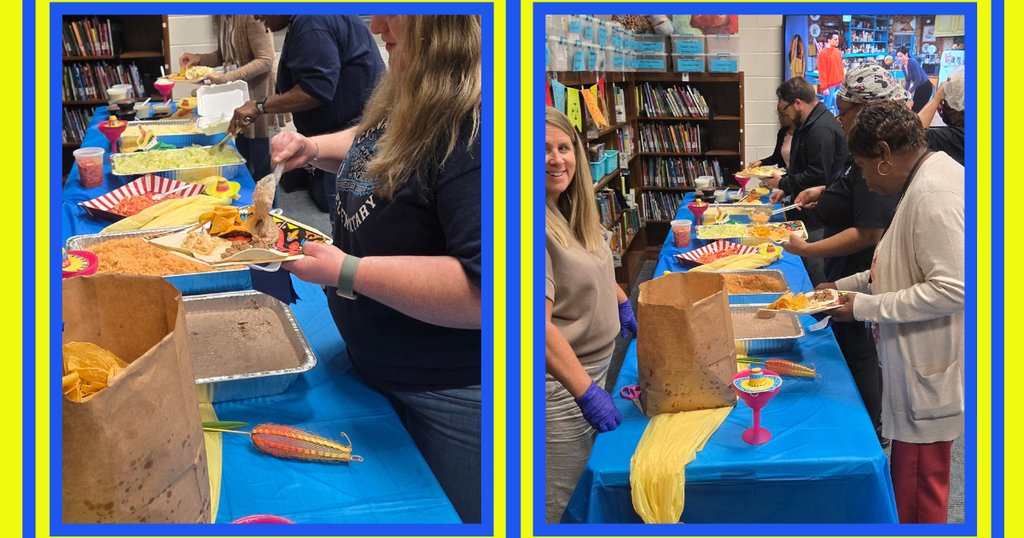 collage of pics from Teacher Appreciation with friends theme, Mexican lunch