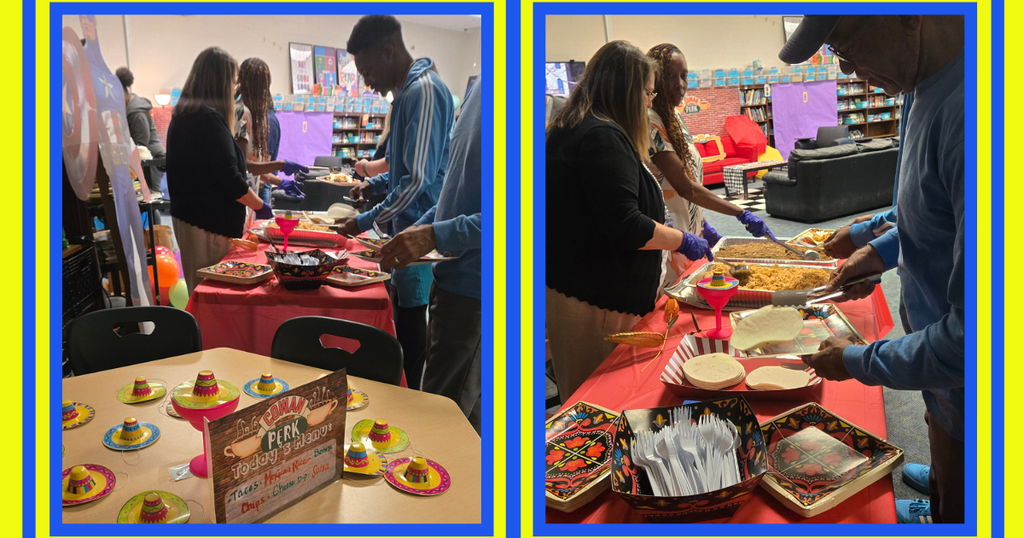 collage of pics from Teacher Appreciation with friends theme, Mexican lunch
