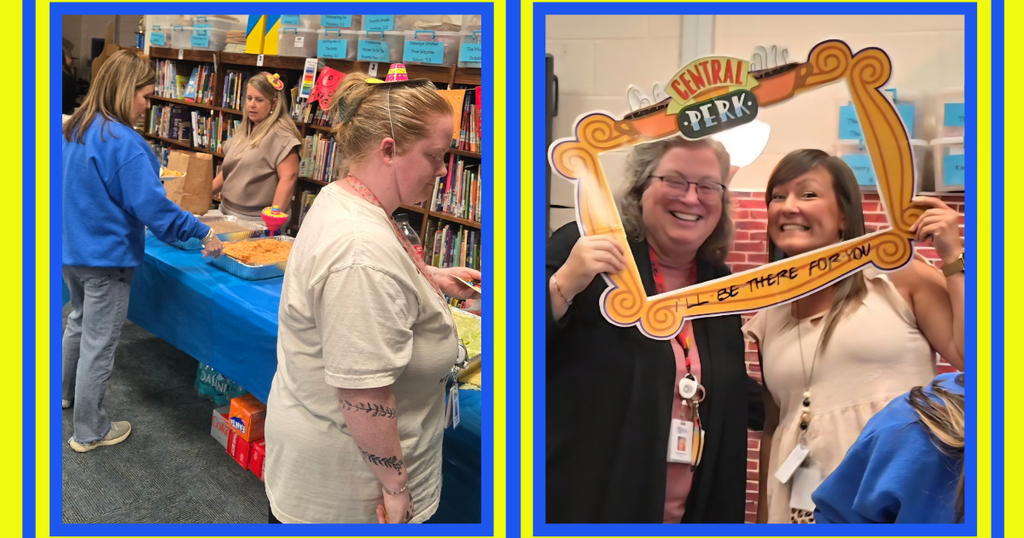 collage of pics from Teacher Appreciation with friends theme, Mexican lunch