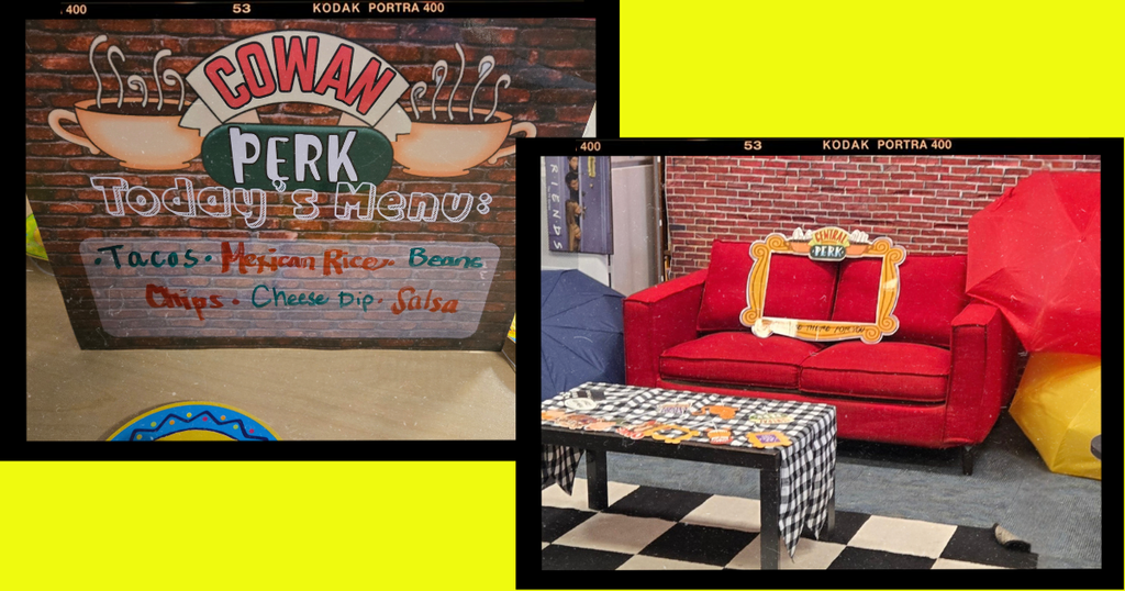collage of pics from Teacher Appreciation with friends theme, Mexican lunch