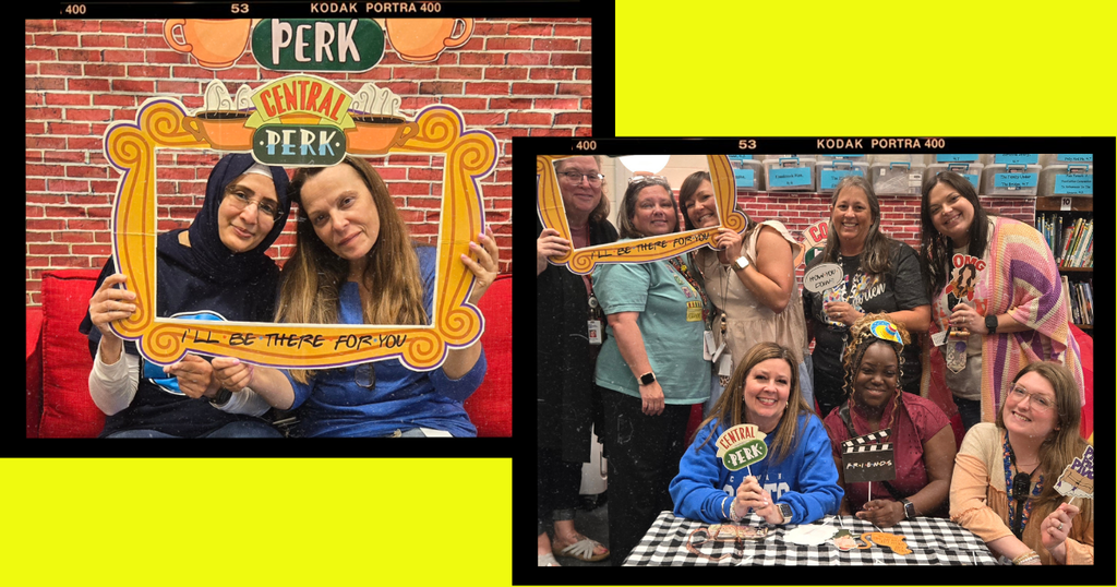 collage of pics from Teacher Appreciation with friends theme, Mexican lunch