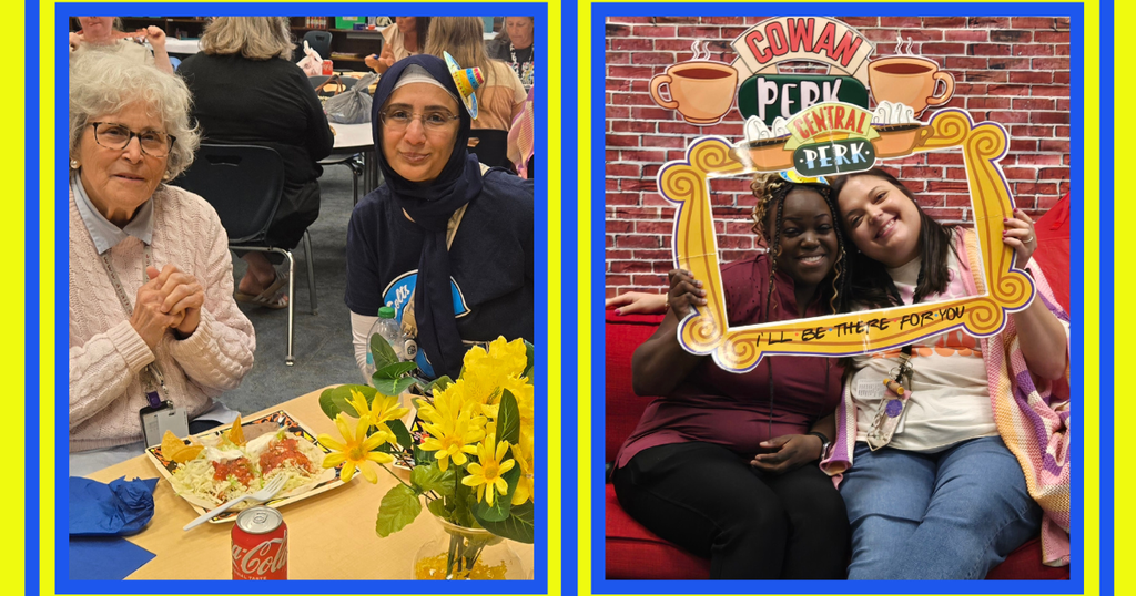 collage of pics from Teacher Appreciation with friends theme, Mexican lunch