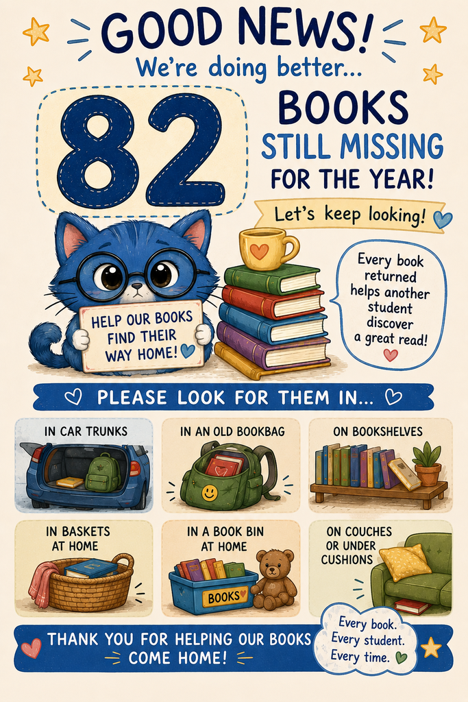 graphic reading "Good news! We're doing better - 82 books still missing for the year"