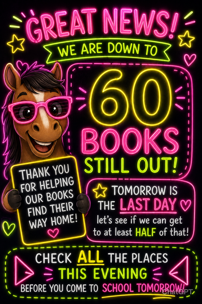 image in neon colors with horse wearing fluorescent pink glasses: 60 books still out - please look!
