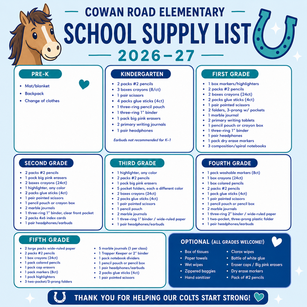 These are the grade-level supply lists. Teachers may share an additional classroom wish list at Open House.