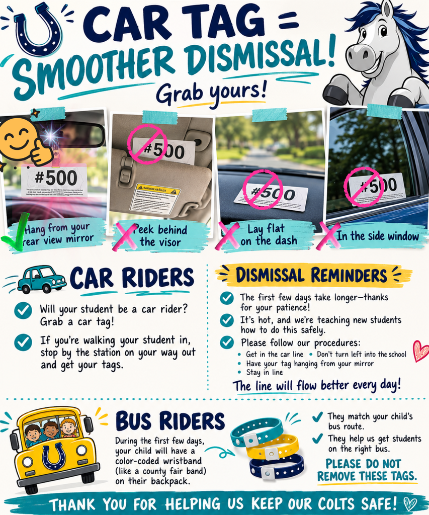 Colorful school flyer showing examples of a car rider tag (#500) displayed correctly by hanging from a rearview mirror, with incorrect examples behind the sun visor, on the dashboard, and in a side window marked with Xs. The flyer reminds families to pick up a car tag, follow dismissal procedures, and leave bus rider wristbands on backpacks to help ensure safe, efficient dismissal.