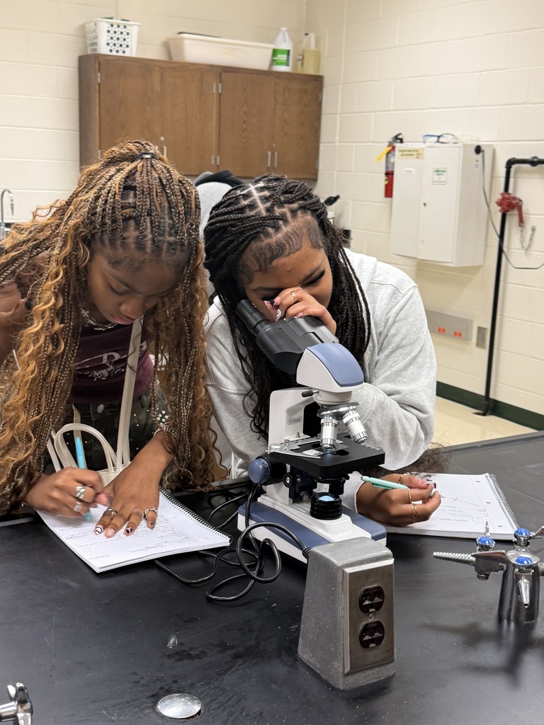 One student looks in a microscope while another takes notes