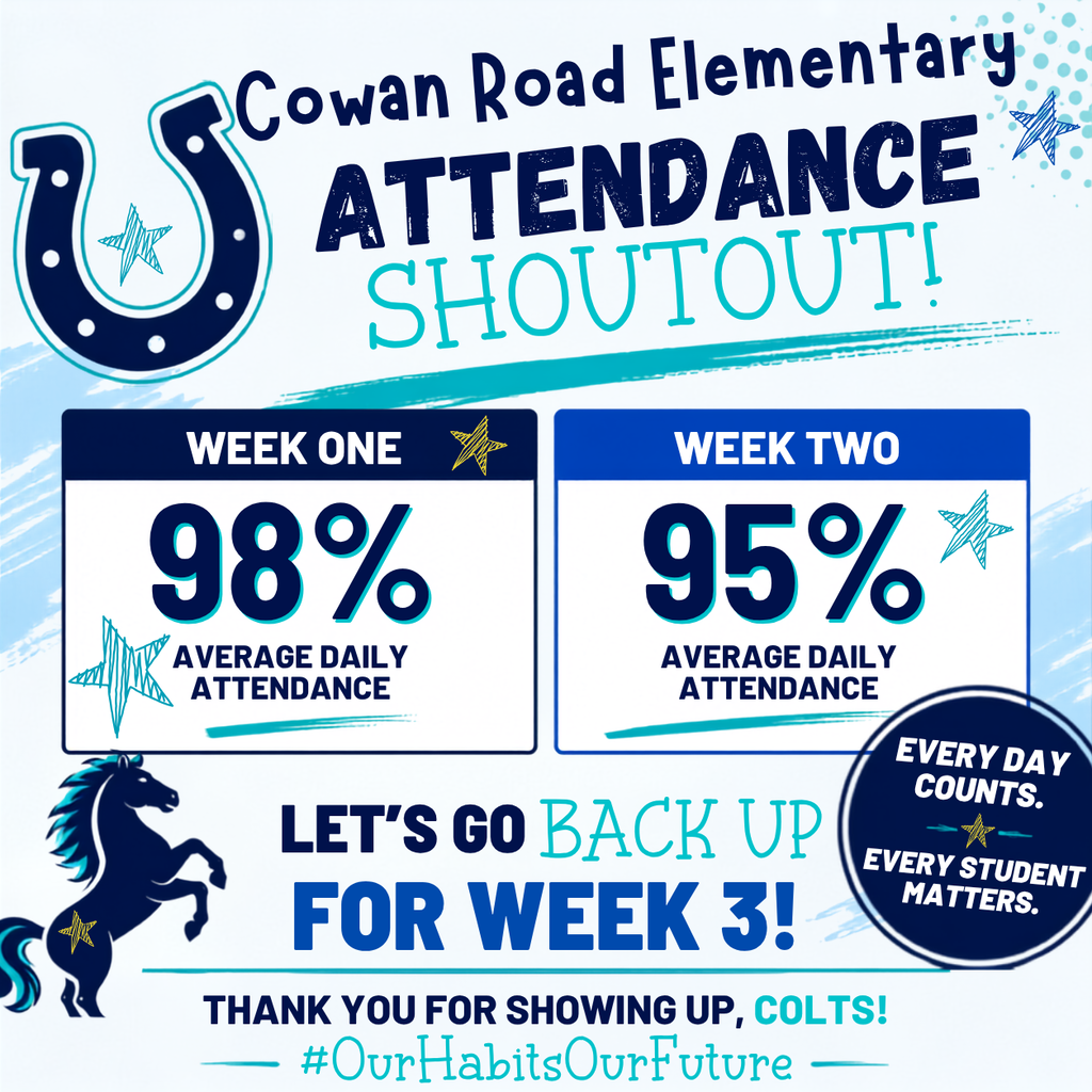 image reading "shout out for Cowan Road Elementary: attendance!  Thanks for showing up, Colts" and has the week one and week two percents as shared in the text