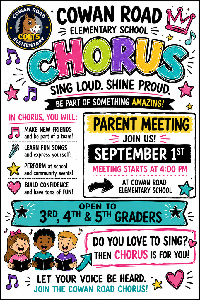 flyer with info for parent info meeting: Sept 1 at 4pm for 3rd, 4th, and 5th graders interested in joining chorus