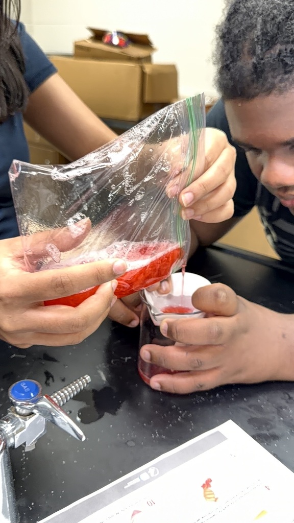 Students measure crushed strawberries into a beaker