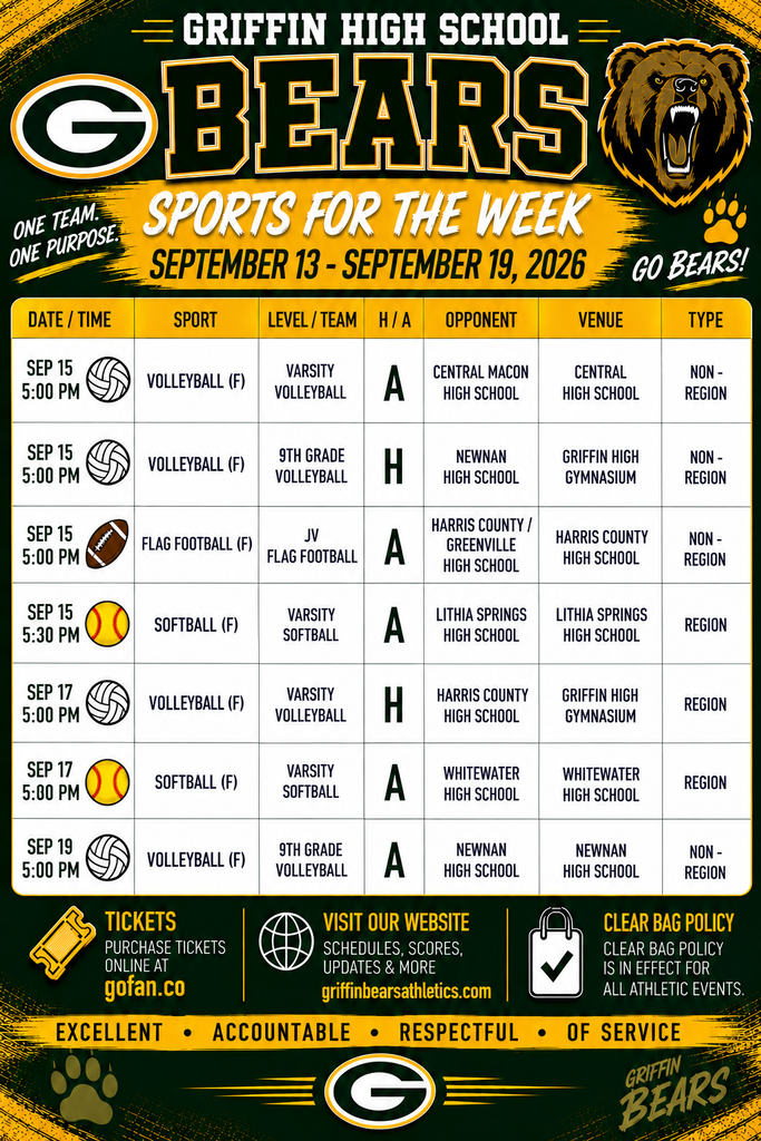 A flyer showing this week's athletics schedule