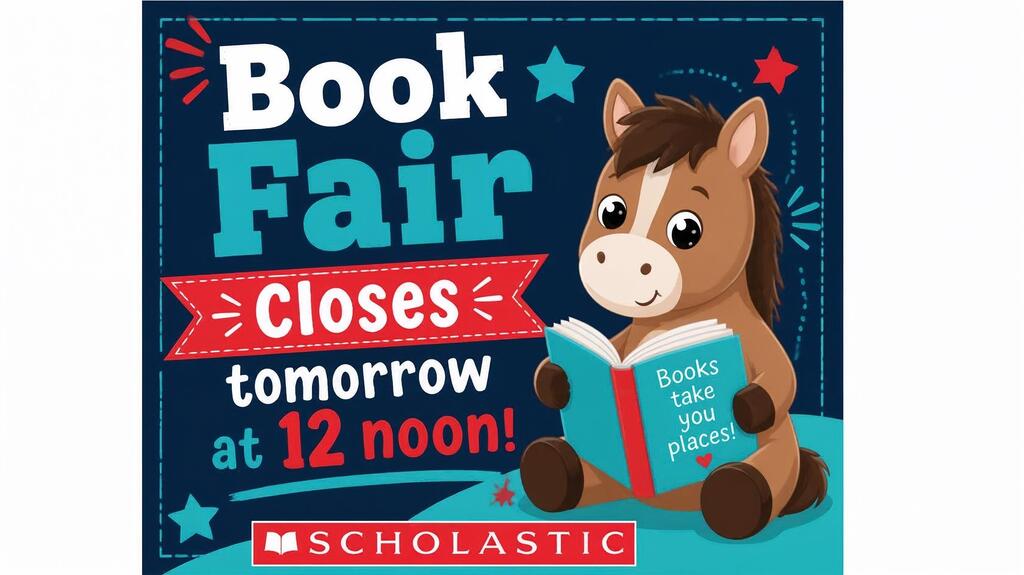 Graphic with a dark navy background and a teal border. Large white and teal text reads “Book Fair Closes Tomorrow at 12 noon!” A red banner highlights the word “Closes.” On the right side is a cartoon brown colt sitting and reading a teal book. The book says, “Books take you places!” The Scholastic logo appears at the bottom.
