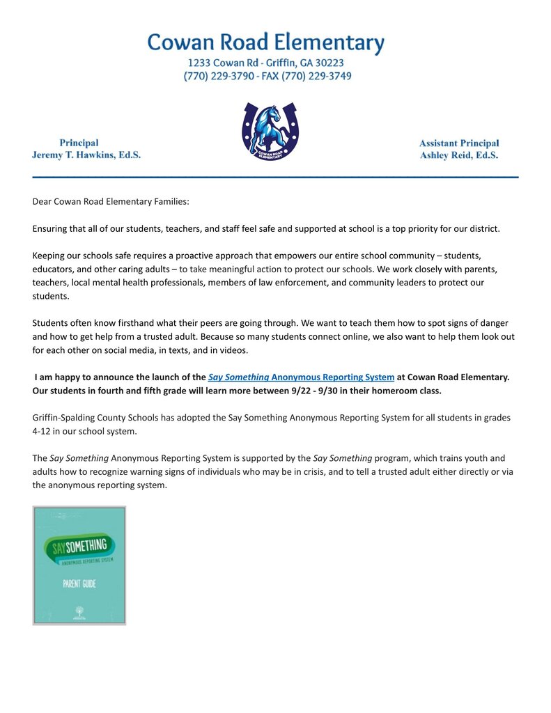 page 1 letter about lessons for See Something, Say Something
