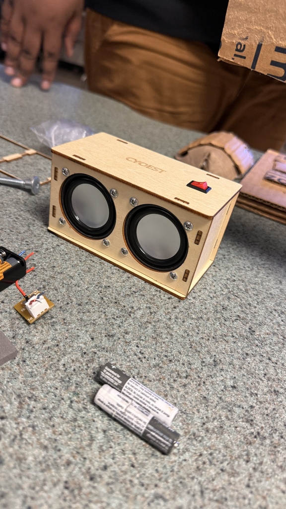The bluetooth speaker is finished and connected to a device.