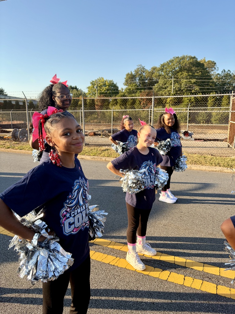 Cowan Colt cheerleaders in matching dark blue shirts and pink hair bows standing together outdoors holding silver pom-poms.