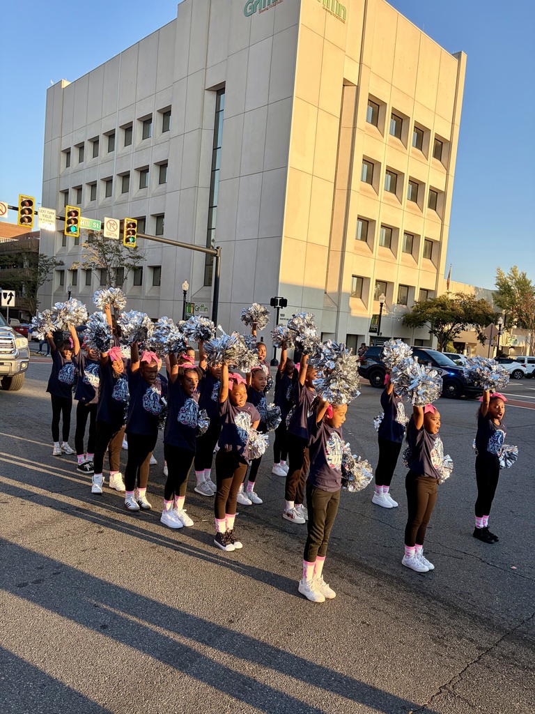 The entire Cowan Colt cheer team lined up in formation in a parking lot, holding silver pom-poms and wearing matching pink hair bows.